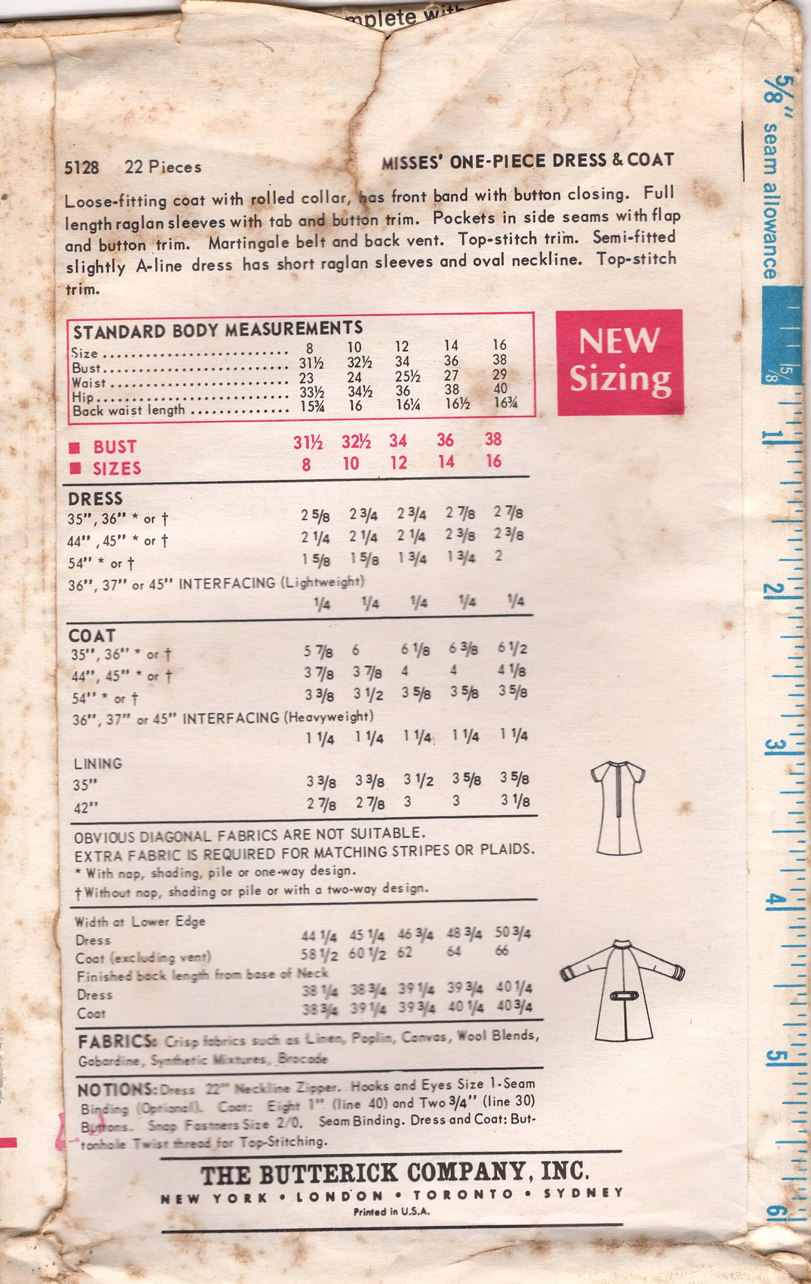 1960's Butterick One-Piece Shift Dress and Raglan Sleeve Coat pattern - Bust 32.5" - No. 5128