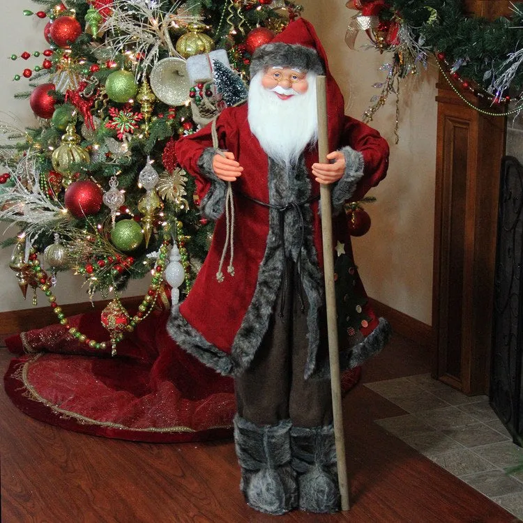 48" Red and Brown Standing Santa Claus Christmas Figurine with Walking Stick