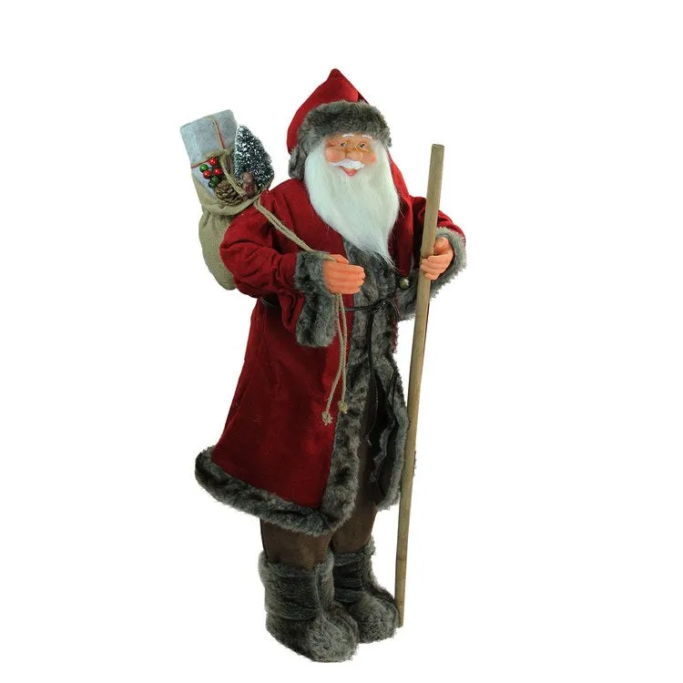 48" Red and Brown Standing Santa Claus Christmas Figurine with Walking Stick