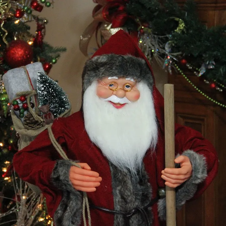 48" Red and Brown Standing Santa Claus Christmas Figurine with Walking Stick