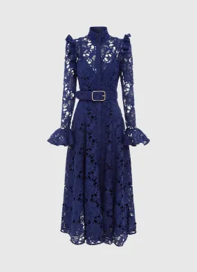 Aliyah Lace Butterfly Sleeve Midi Dress - Oxford Blue