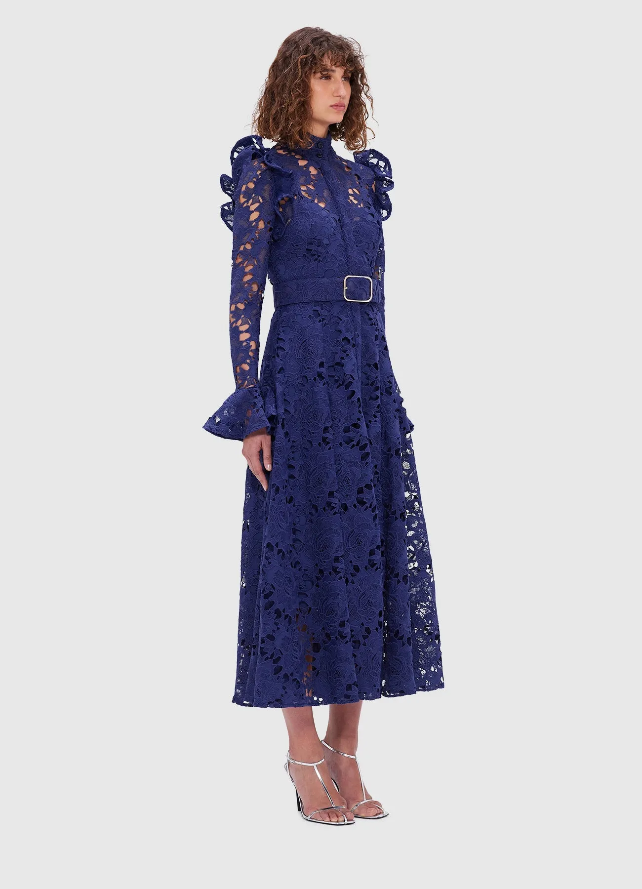 Aliyah Lace Butterfly Sleeve Midi Dress - Oxford Blue