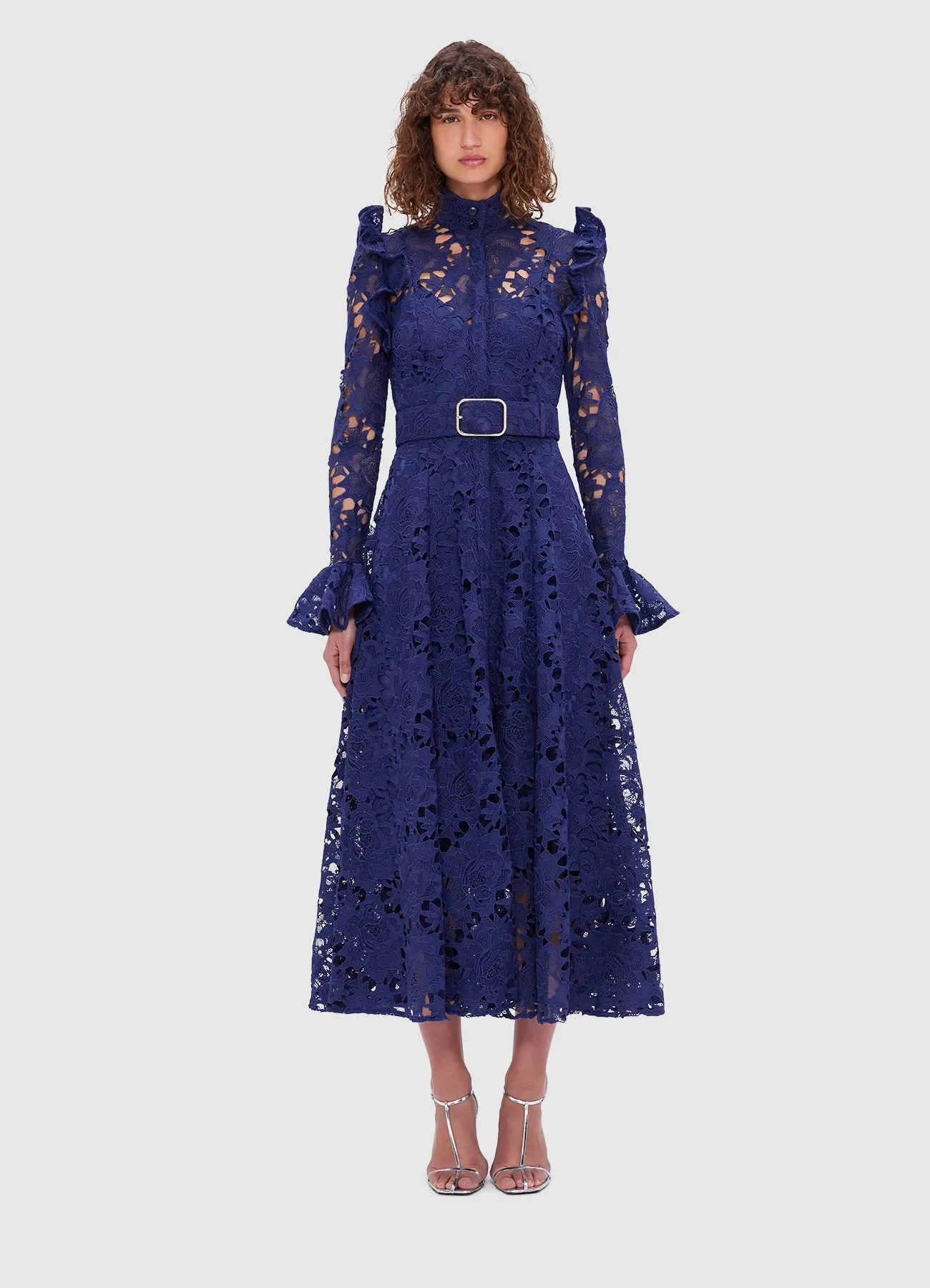 Aliyah Lace Butterfly Sleeve Midi Dress - Oxford Blue