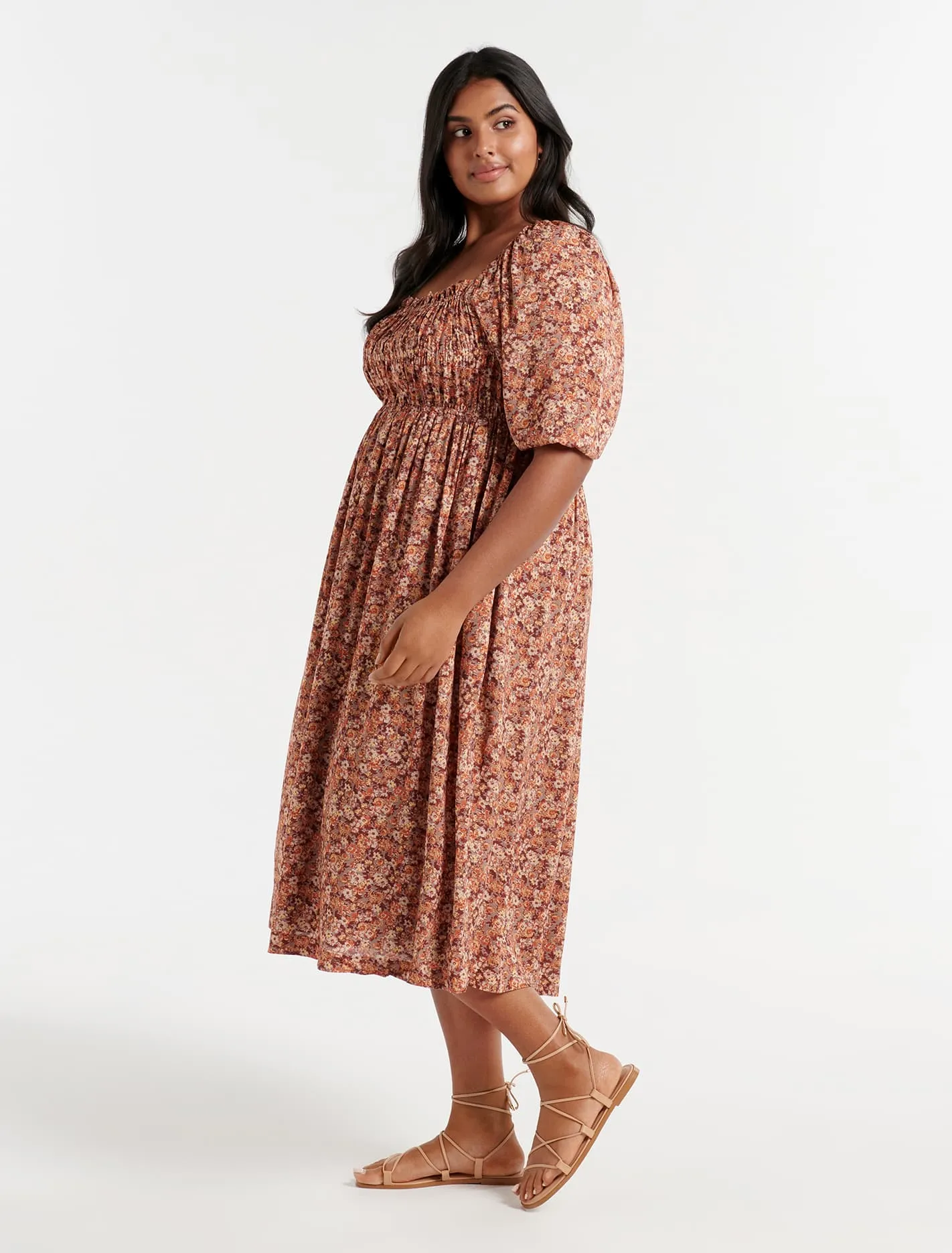 Ashton Curve Shirred Midi Dress