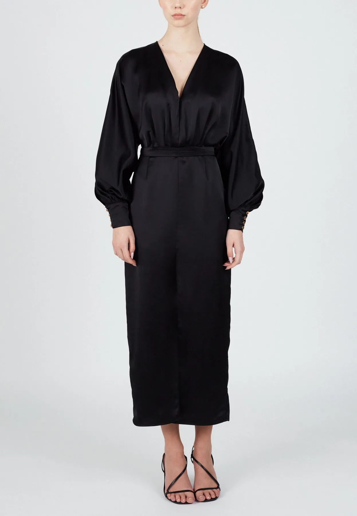 BECA black satin midi dress with front slit
