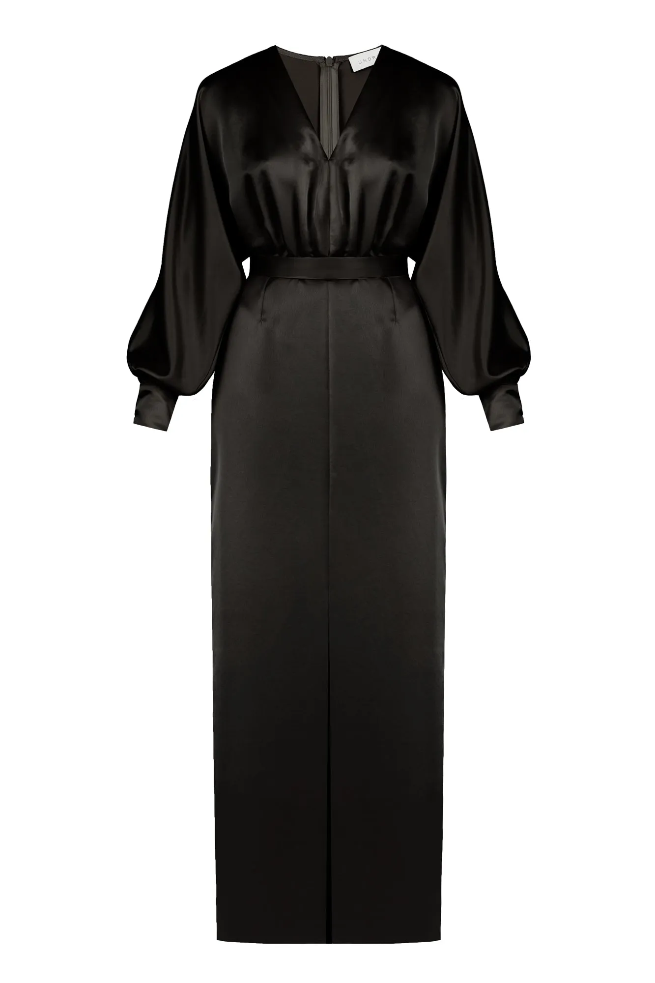 BECA black satin midi dress with front slit