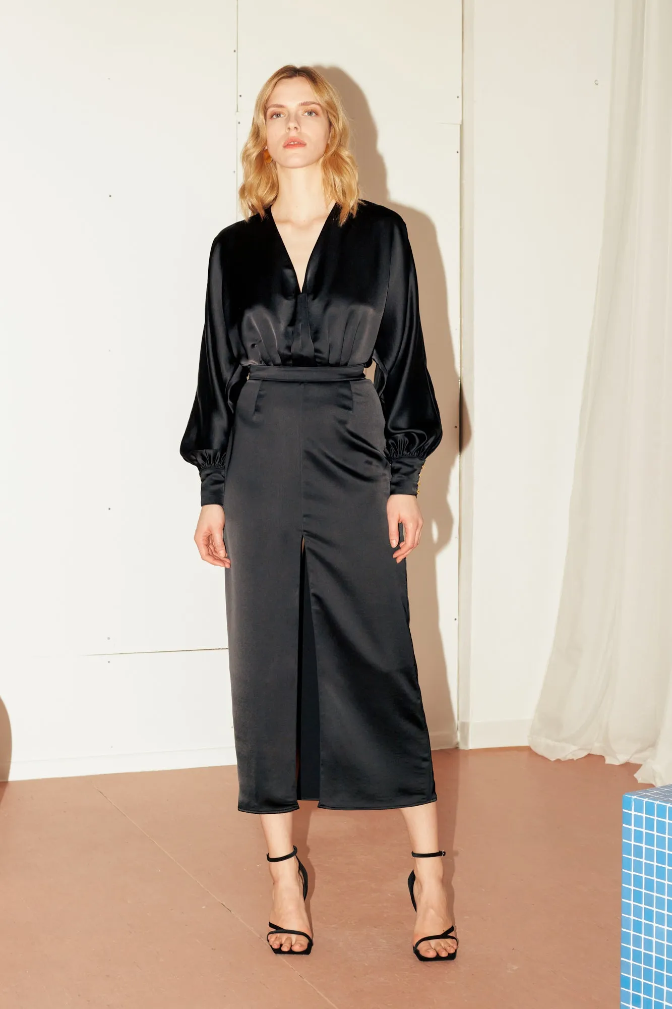 BECA black satin midi dress with front slit