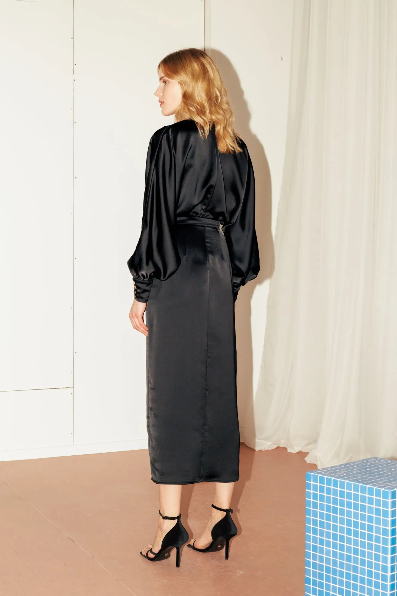 BECA black satin midi dress with front slit