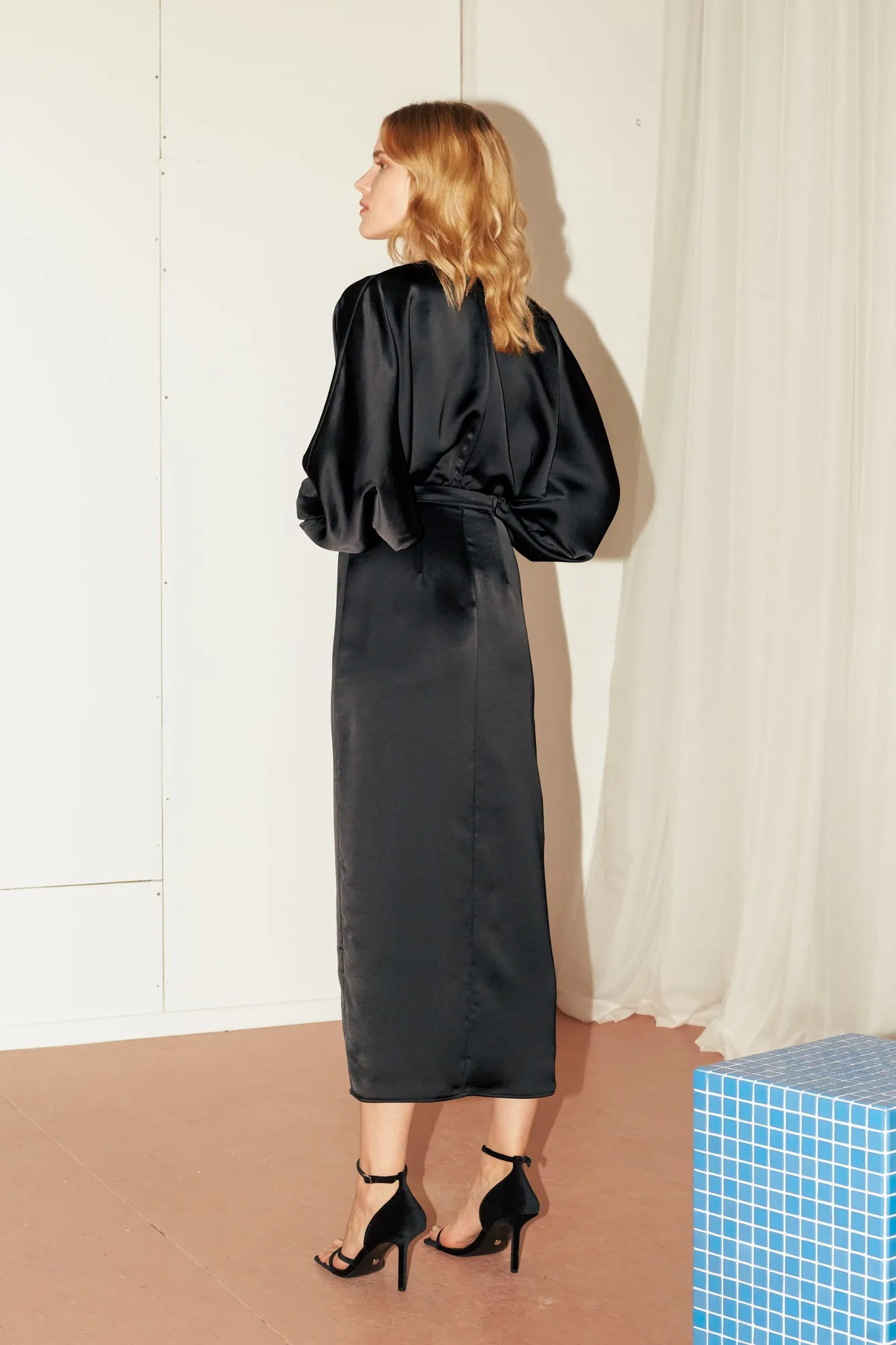 BECA black satin midi dress with front slit