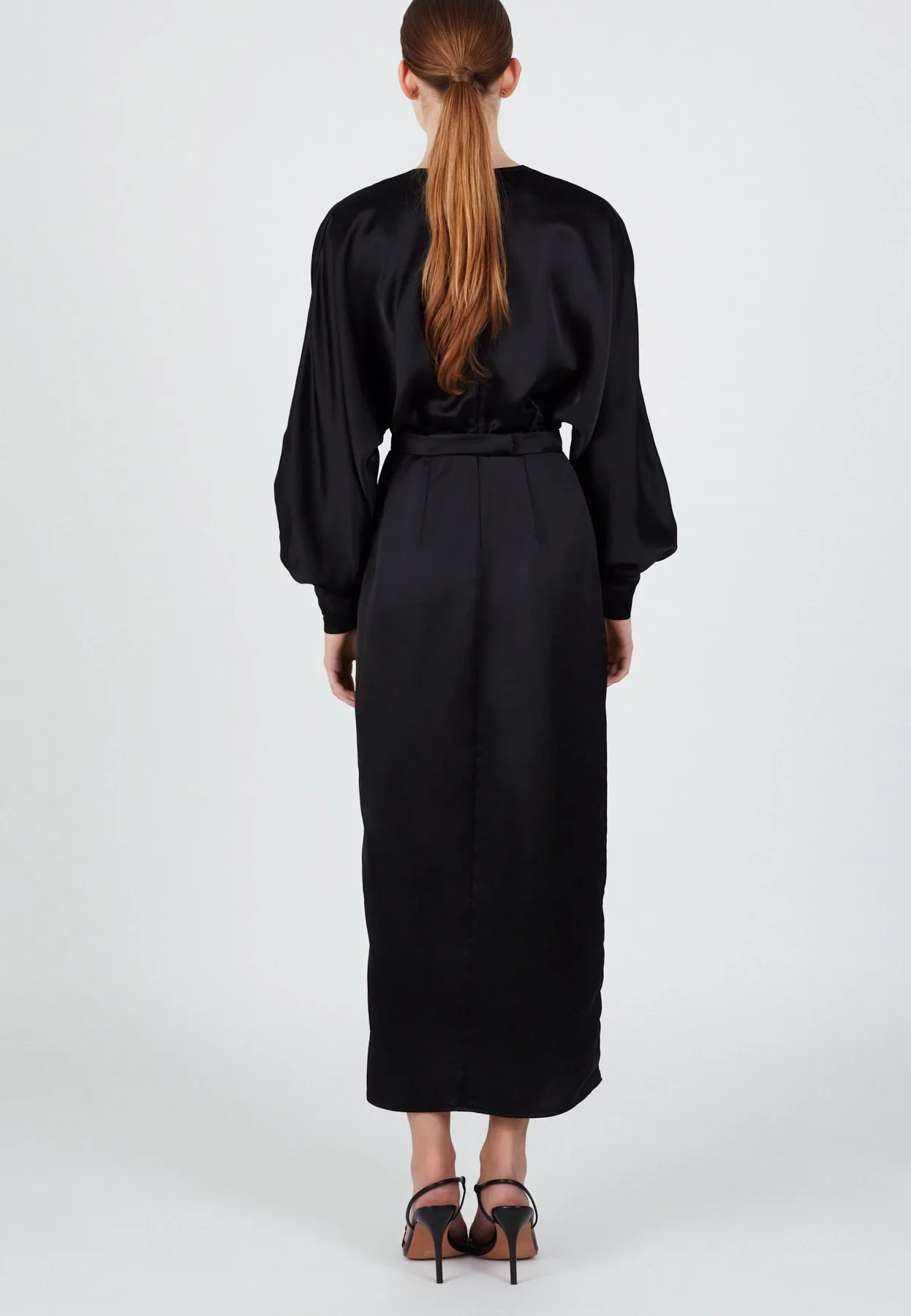 BECA black satin midi dress with front slit