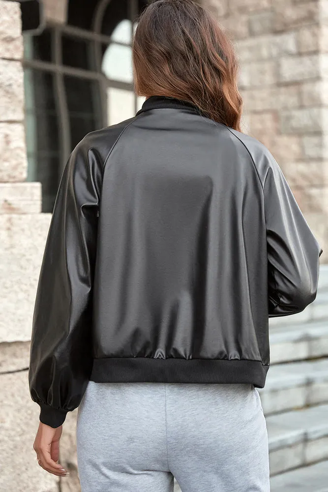 Black PU Letter Patchwork Snap Button Baseball Winter Outfits Jacket
