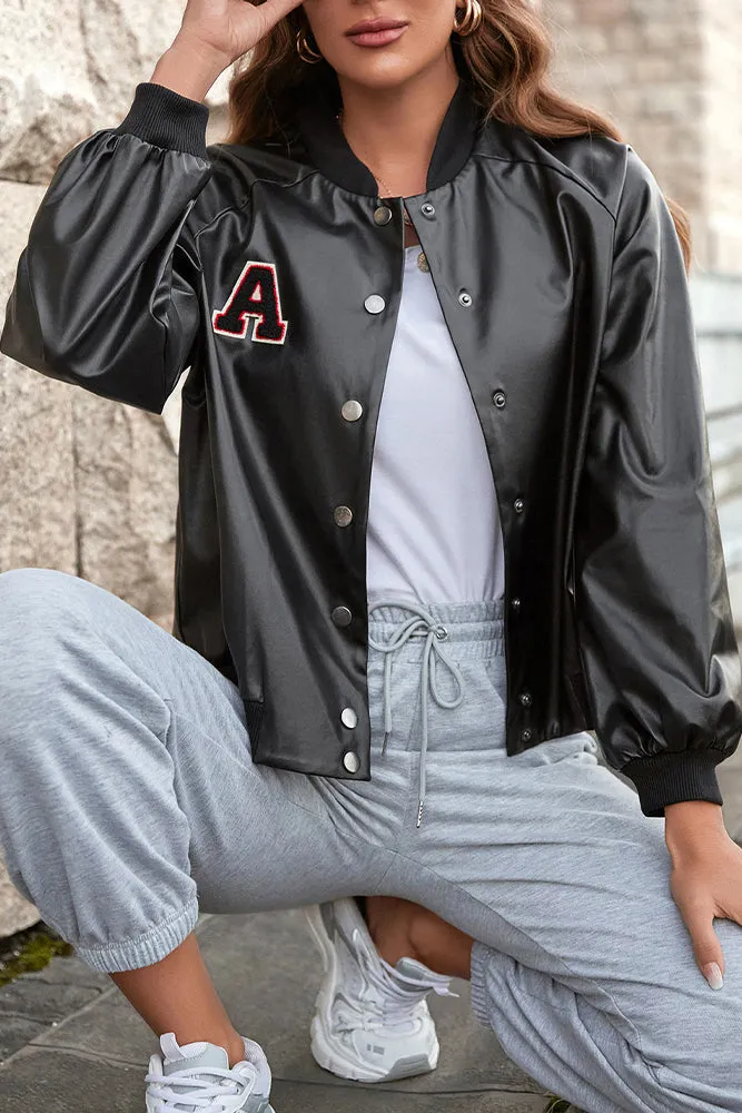 Black PU Letter Patchwork Snap Button Baseball Winter Outfits Jacket