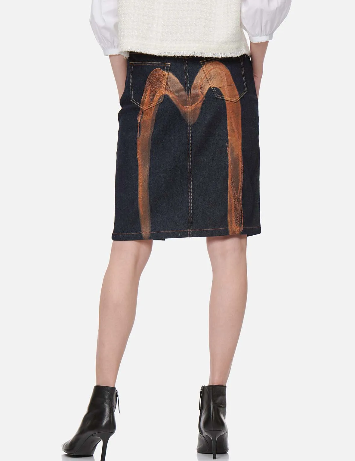 Brushstroke Daicock Split-Front Denim Pencil Skirt