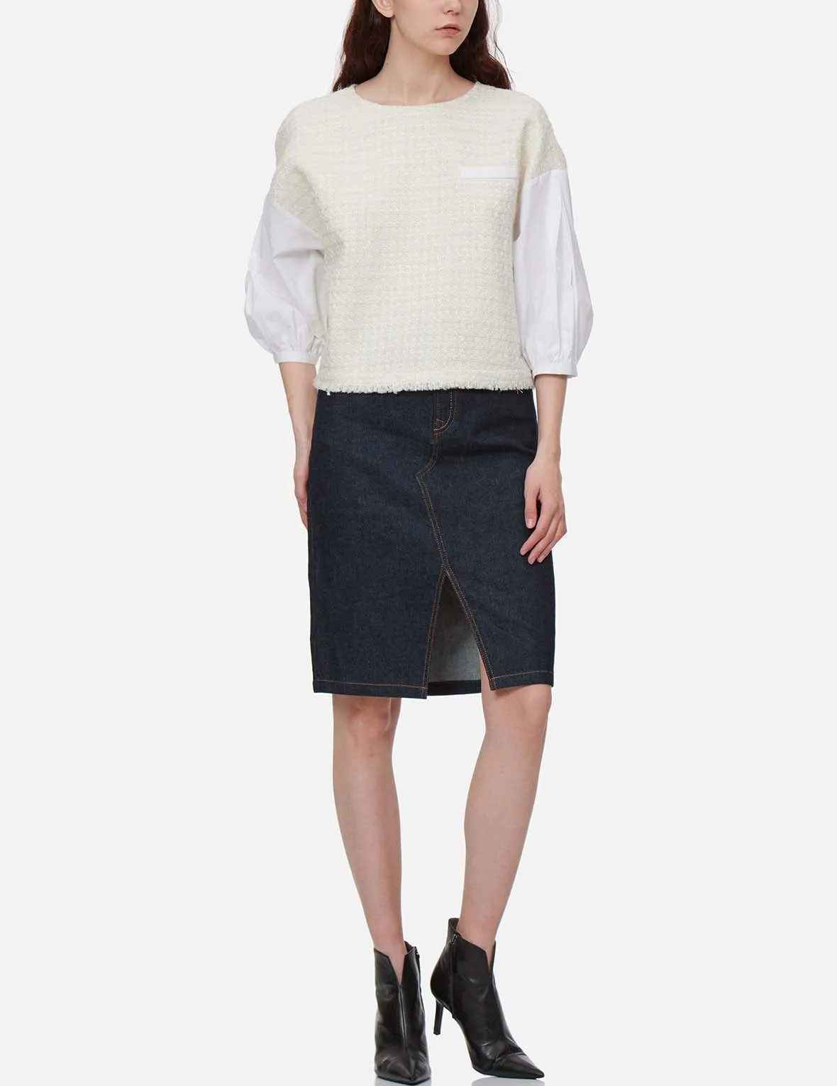 Brushstroke Daicock Split-Front Denim Pencil Skirt