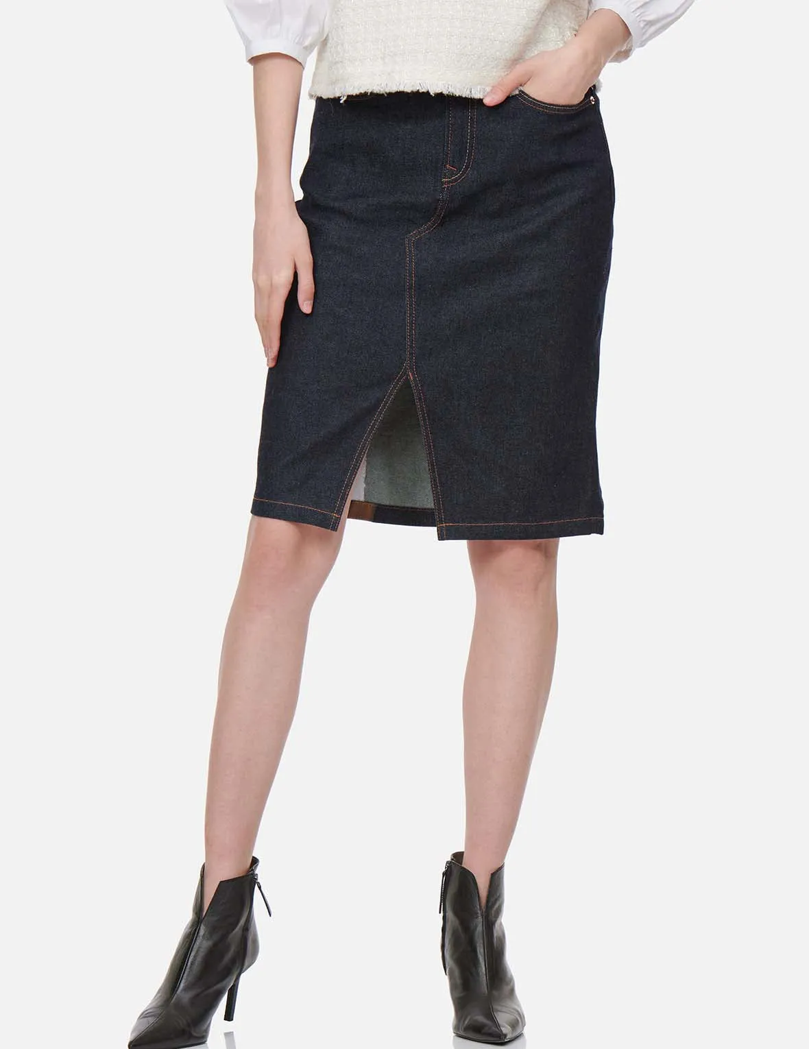 Brushstroke Daicock Split-Front Denim Pencil Skirt