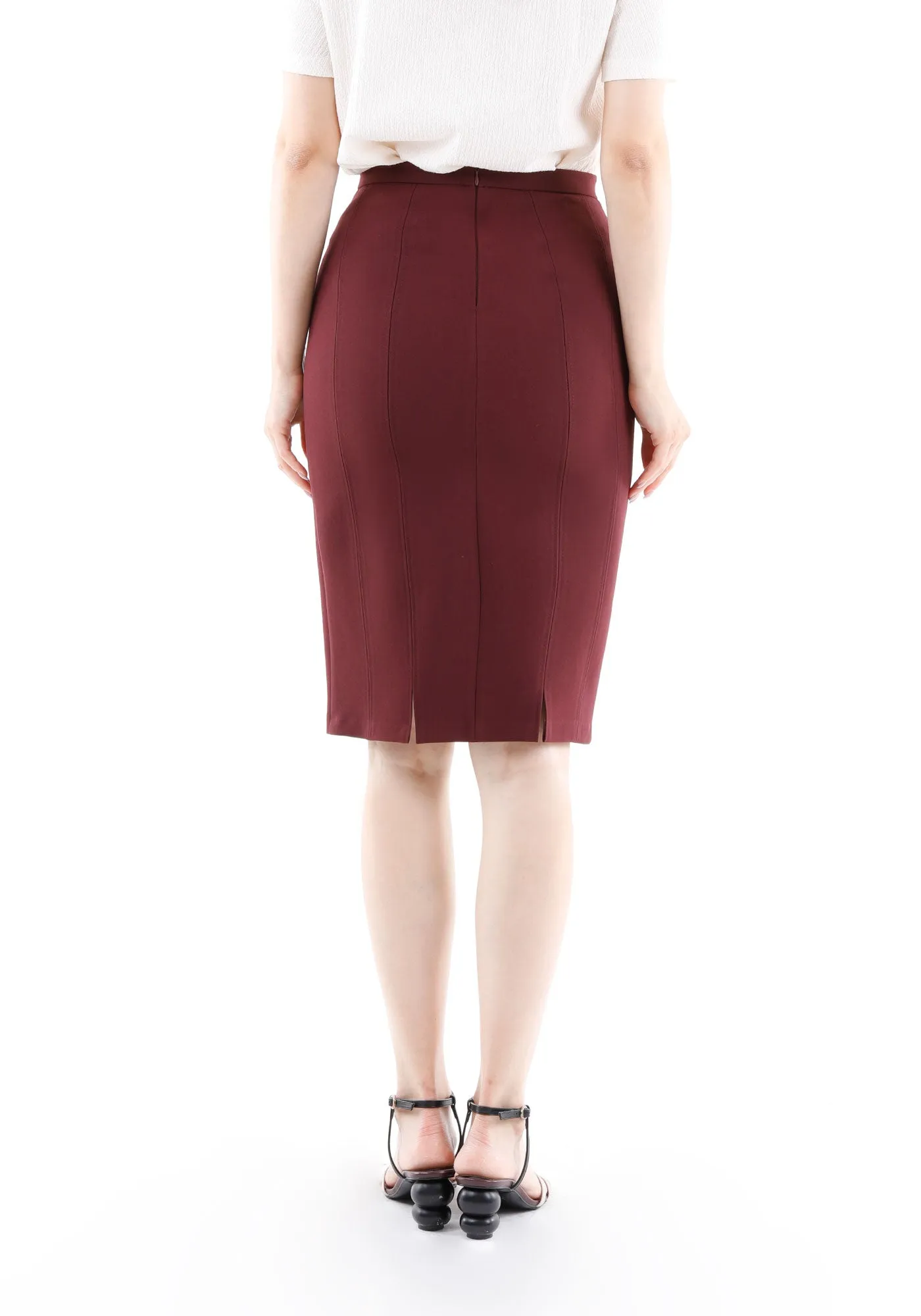Burgundy Double Slit Pencil Knee Length Skirt