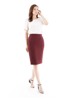 Burgundy Double Slit Pencil Knee Length Skirt