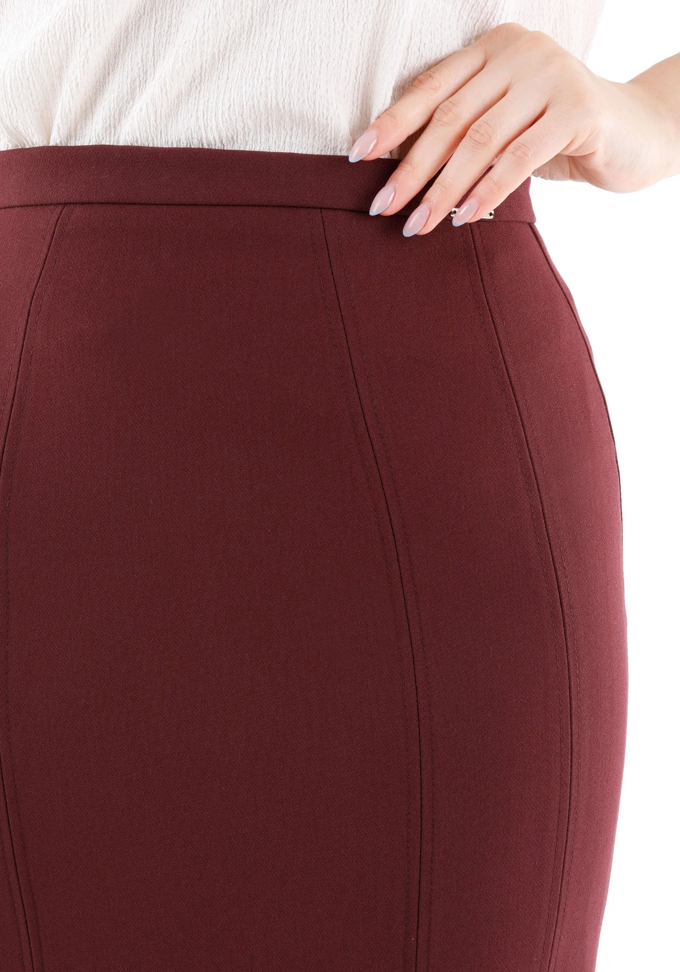 Burgundy Double Slit Pencil Knee Length Skirt