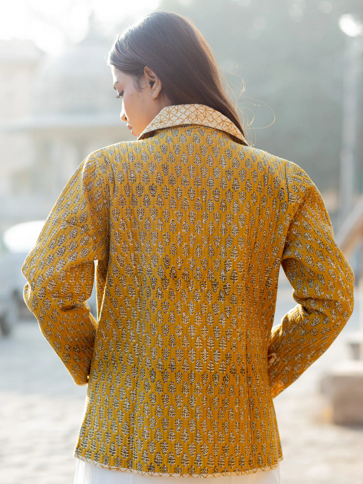 Cotton Quilted Mustard Medley Reversible Hand Block Print Women’s Jacket