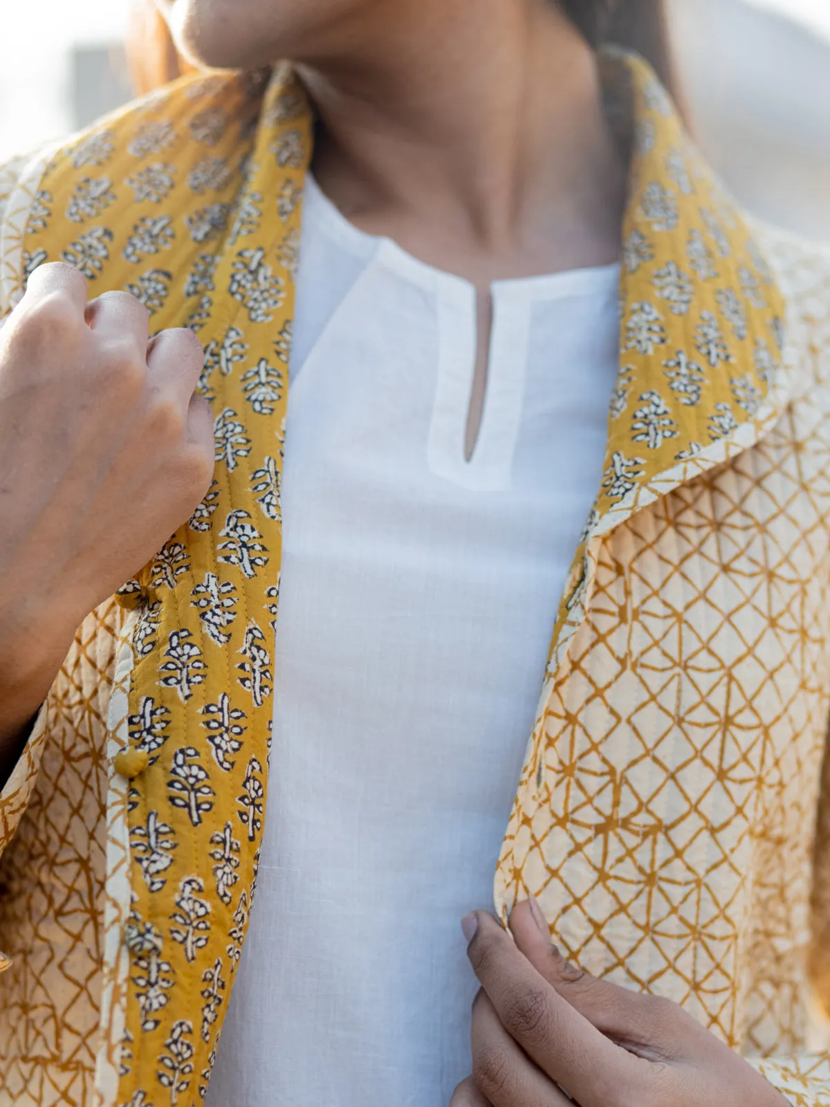 Cotton Quilted Mustard Medley Reversible Hand Block Print Women’s Jacket