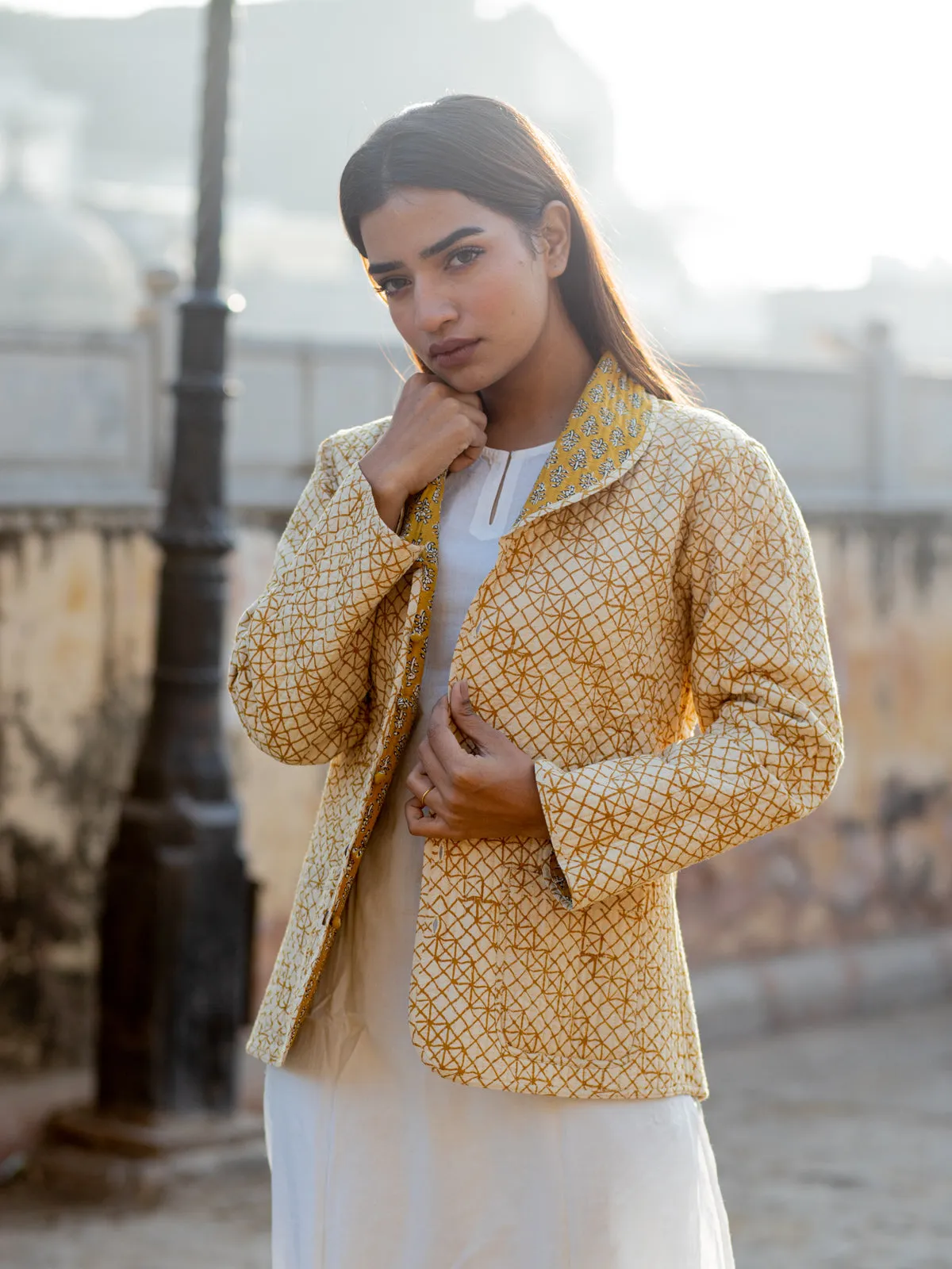 Cotton Quilted Mustard Medley Reversible Hand Block Print Women’s Jacket