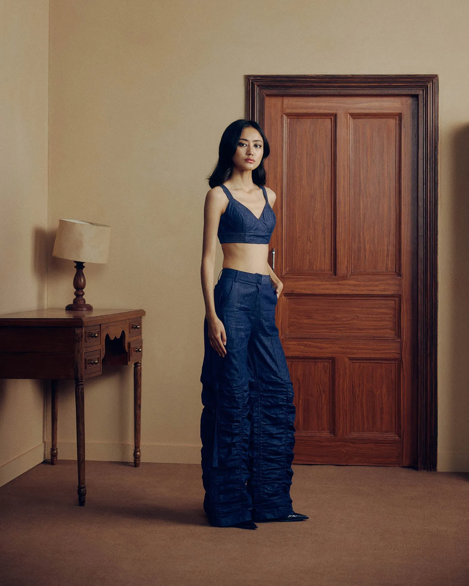 DENIM PLEATED PANTSUIT
