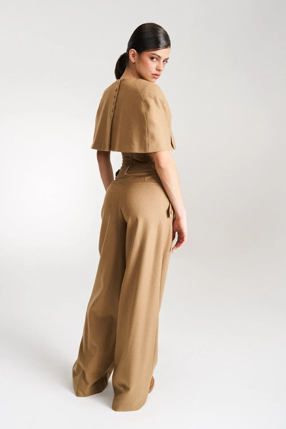 'Eleonore' Caramel Cape-Effect Wool Blouse