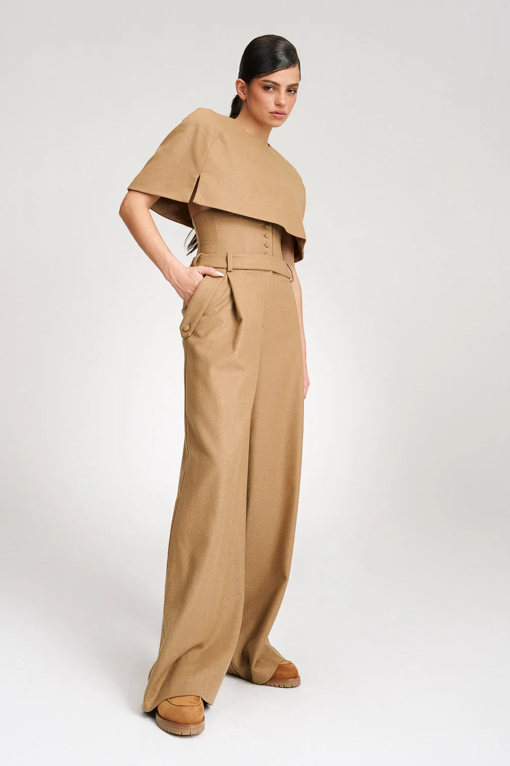 'Eleonore' Caramel Cape-Effect Wool Blouse