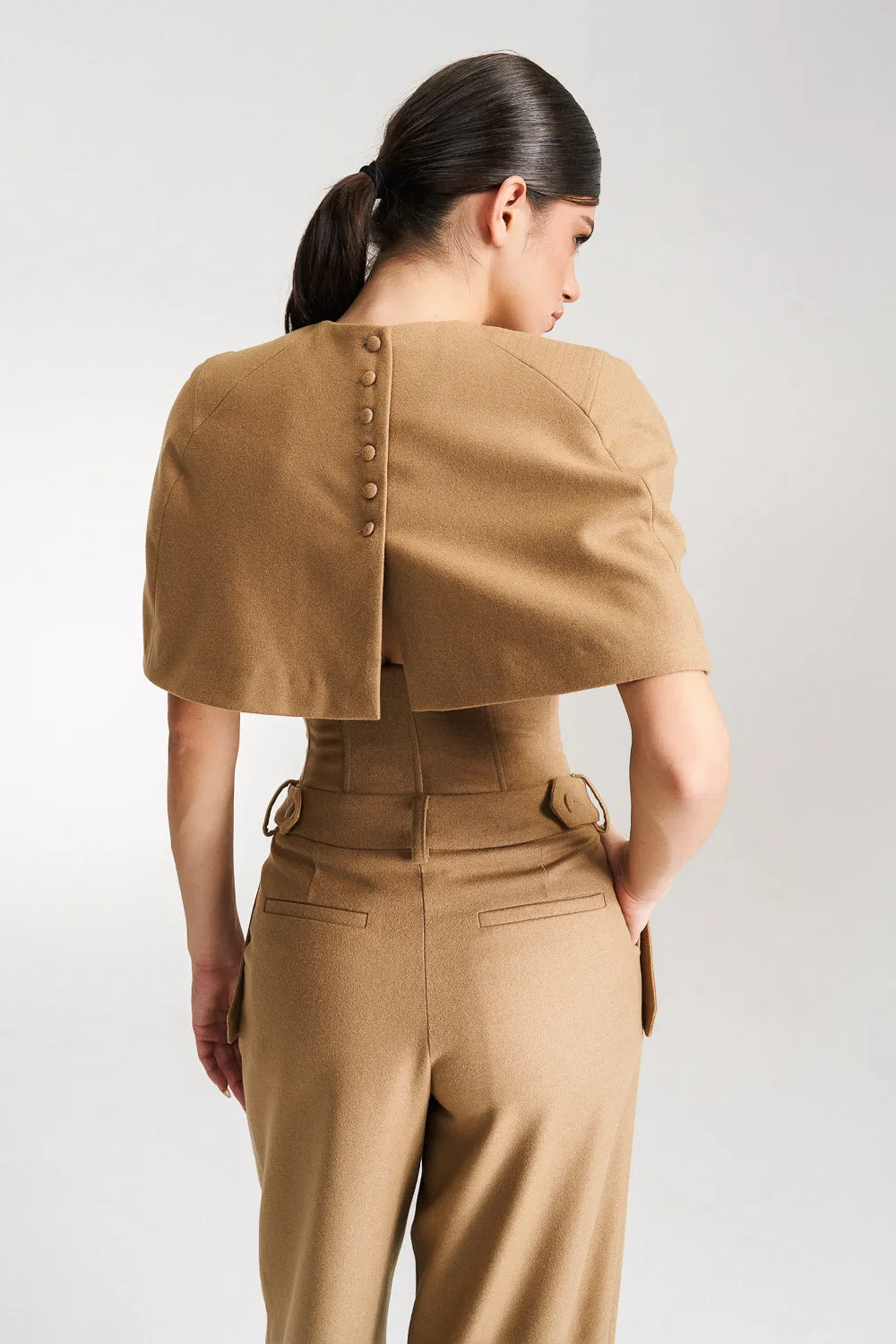 'Eleonore' Caramel Cape-Effect Wool Blouse