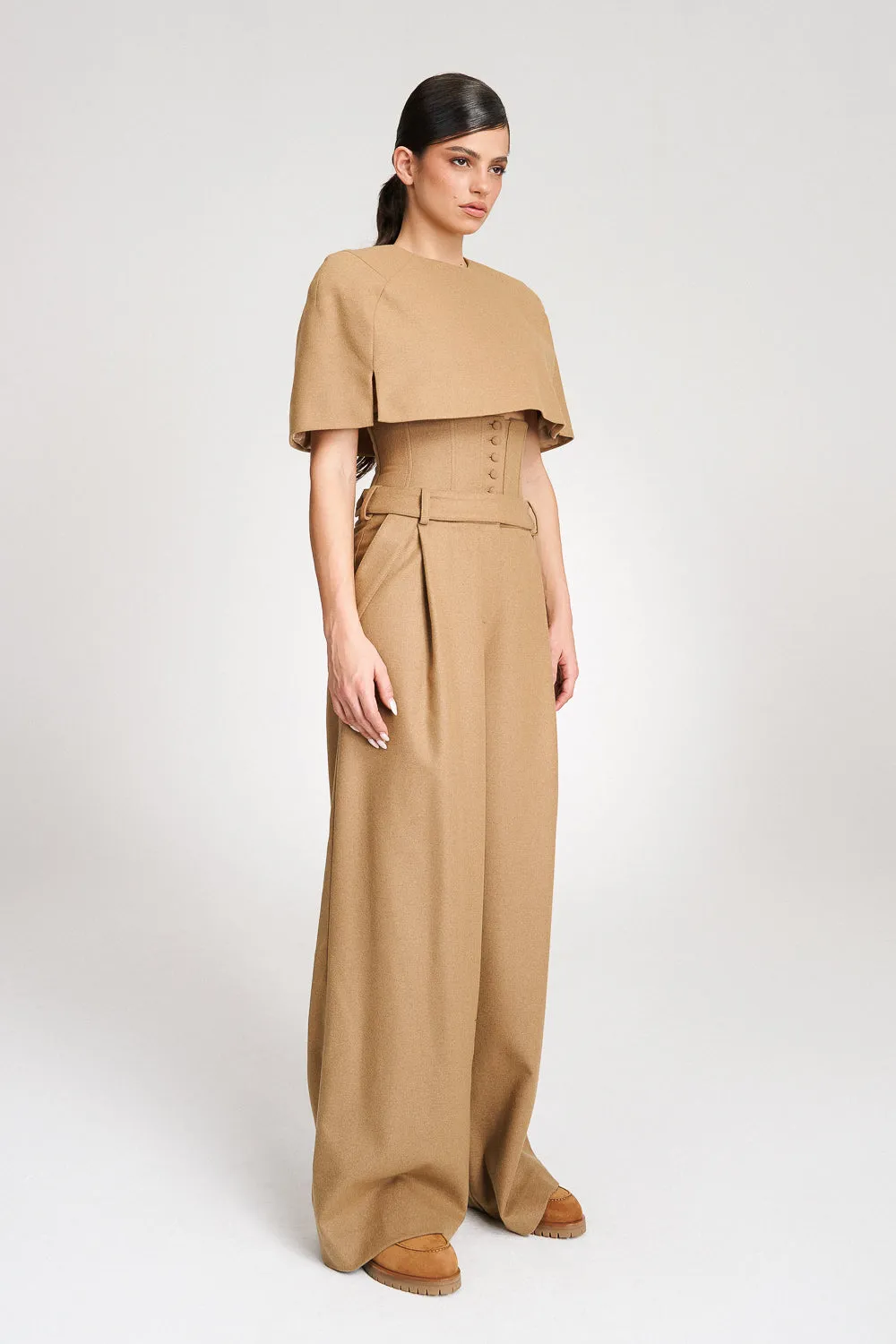 'Eleonore' Caramel Cape-Effect Wool Blouse