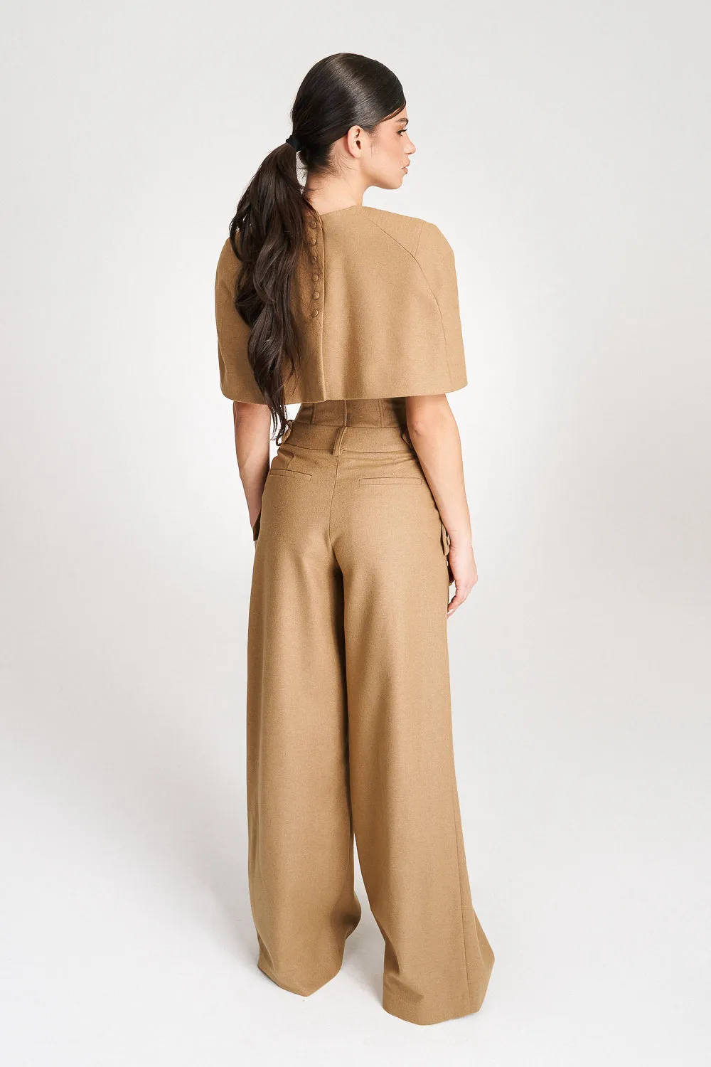 'Eleonore' Caramel Cape-Effect Wool Blouse