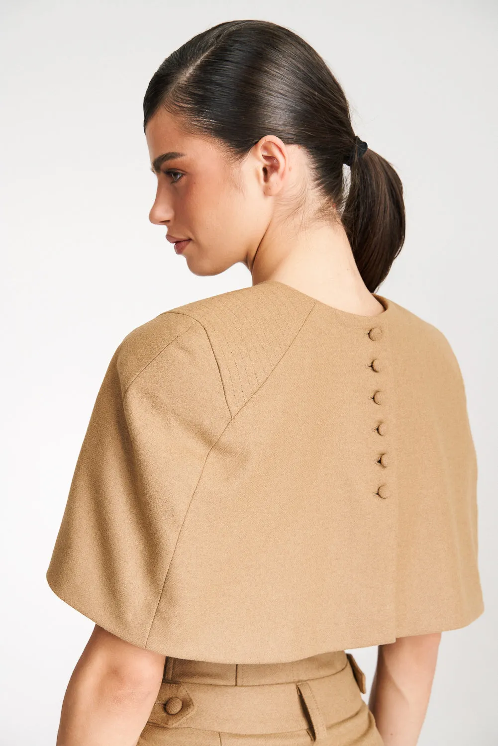 'Eleonore' Caramel Cape-Effect Wool Blouse