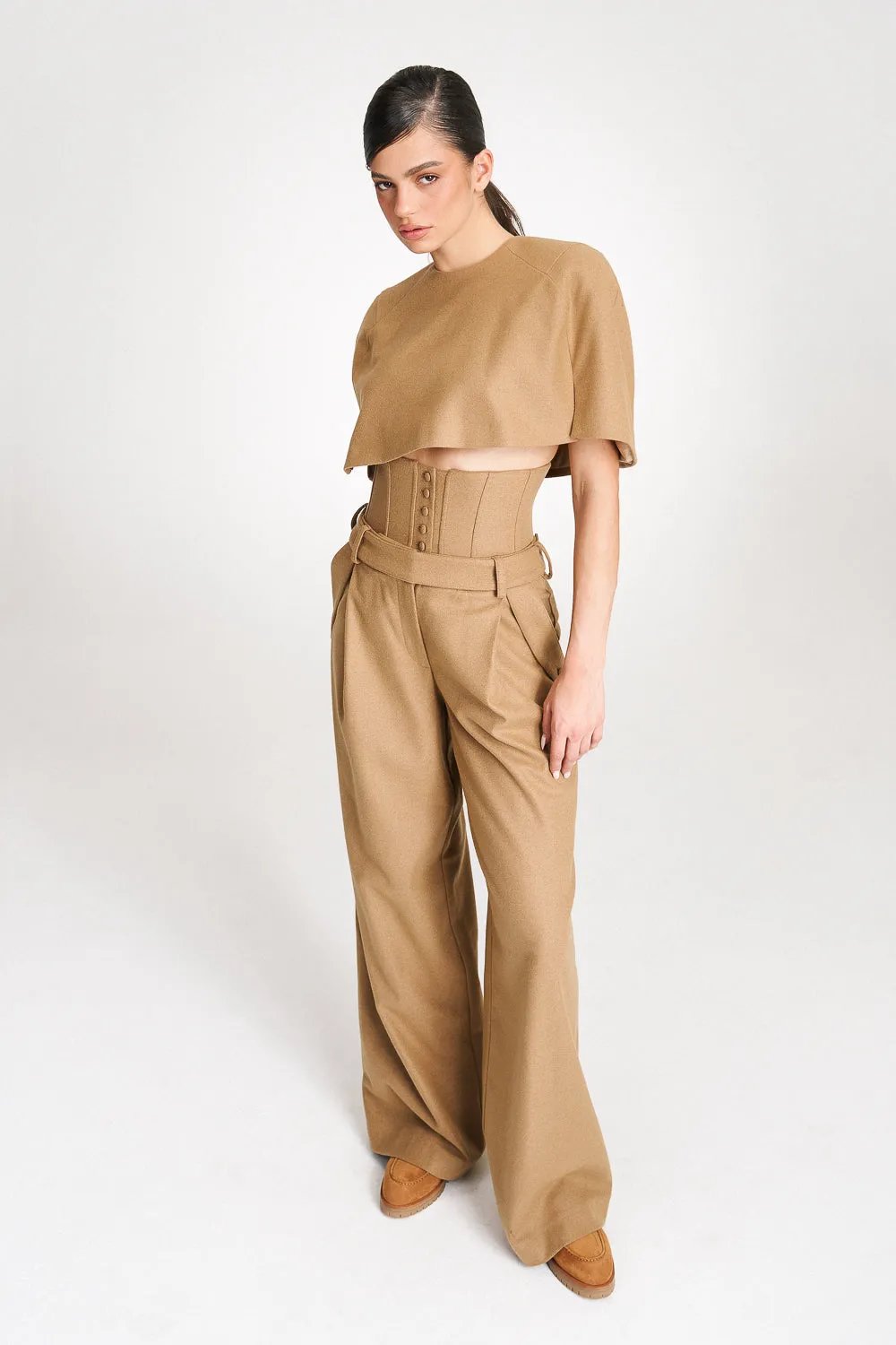 'Eleonore' Caramel Cape-Effect Wool Blouse
