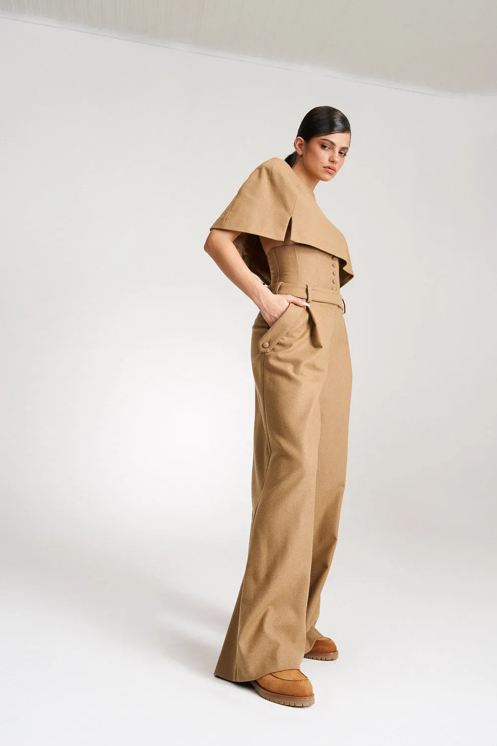 'Eleonore' Caramel Cape-Effect Wool Blouse