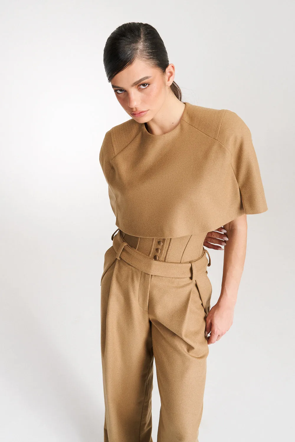 'Eleonore' Caramel Cape-Effect Wool Blouse