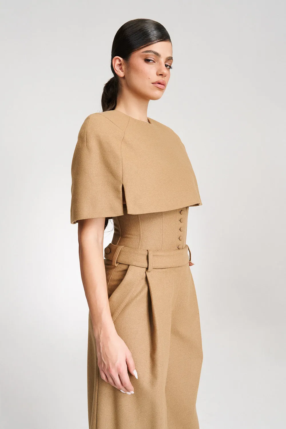 'Eleonore' Caramel Cape-Effect Wool Blouse
