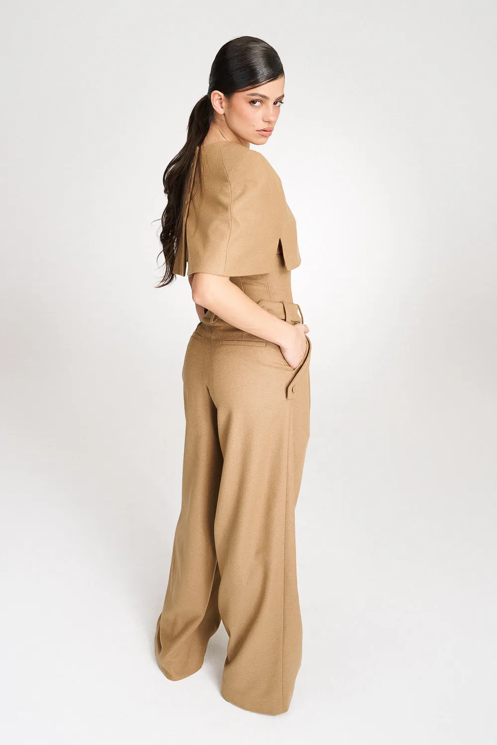 'Eleonore' Caramel Cape-Effect Wool Blouse