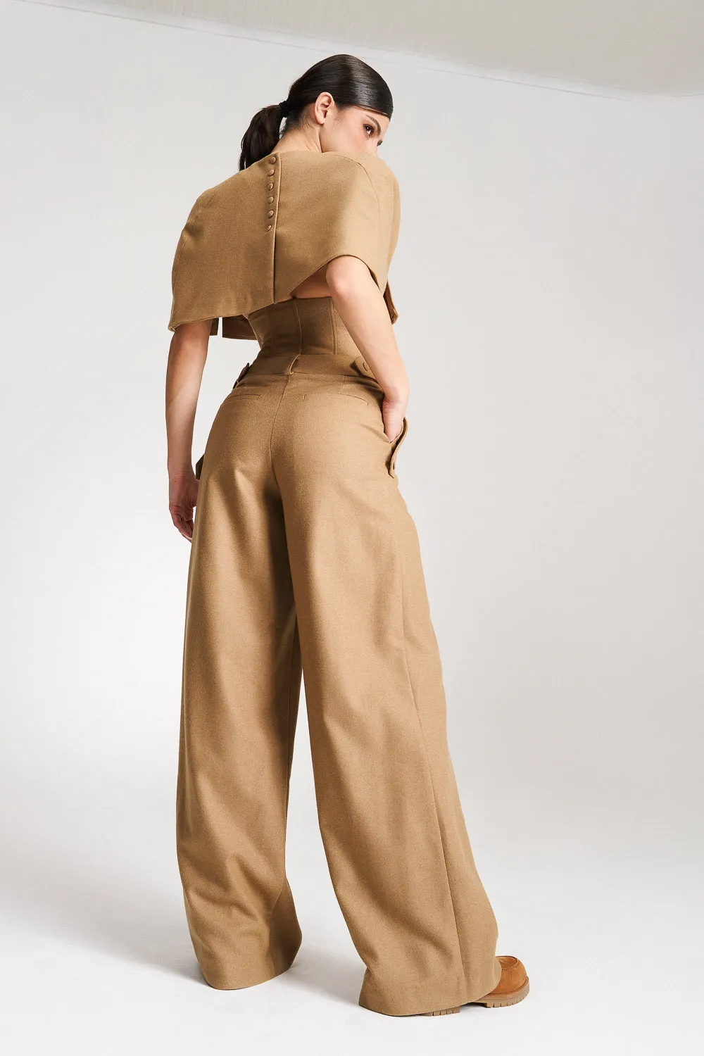'Eleonore' Caramel Cape-Effect Wool Blouse