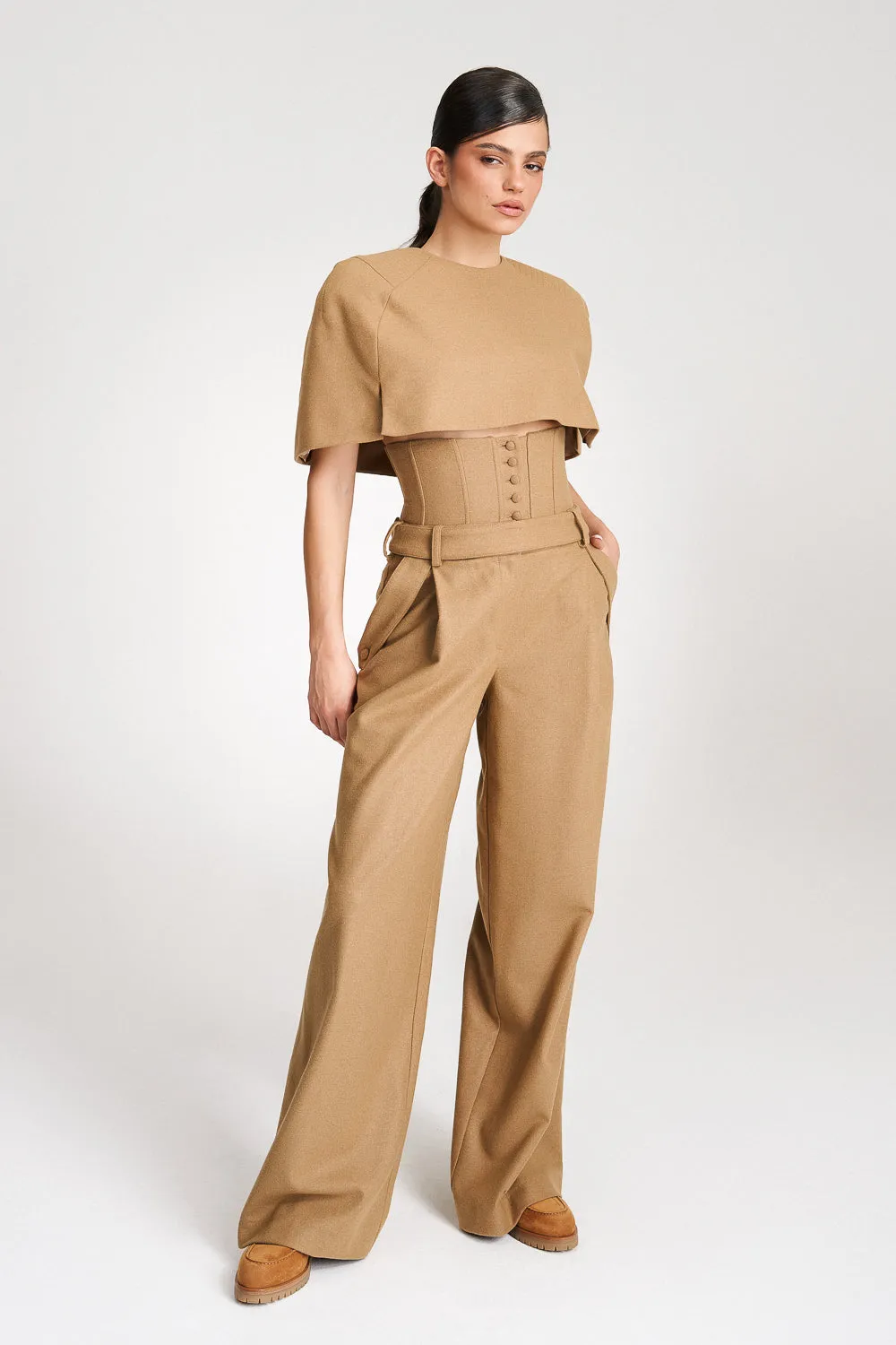'Eleonore' Caramel Cape-Effect Wool Blouse