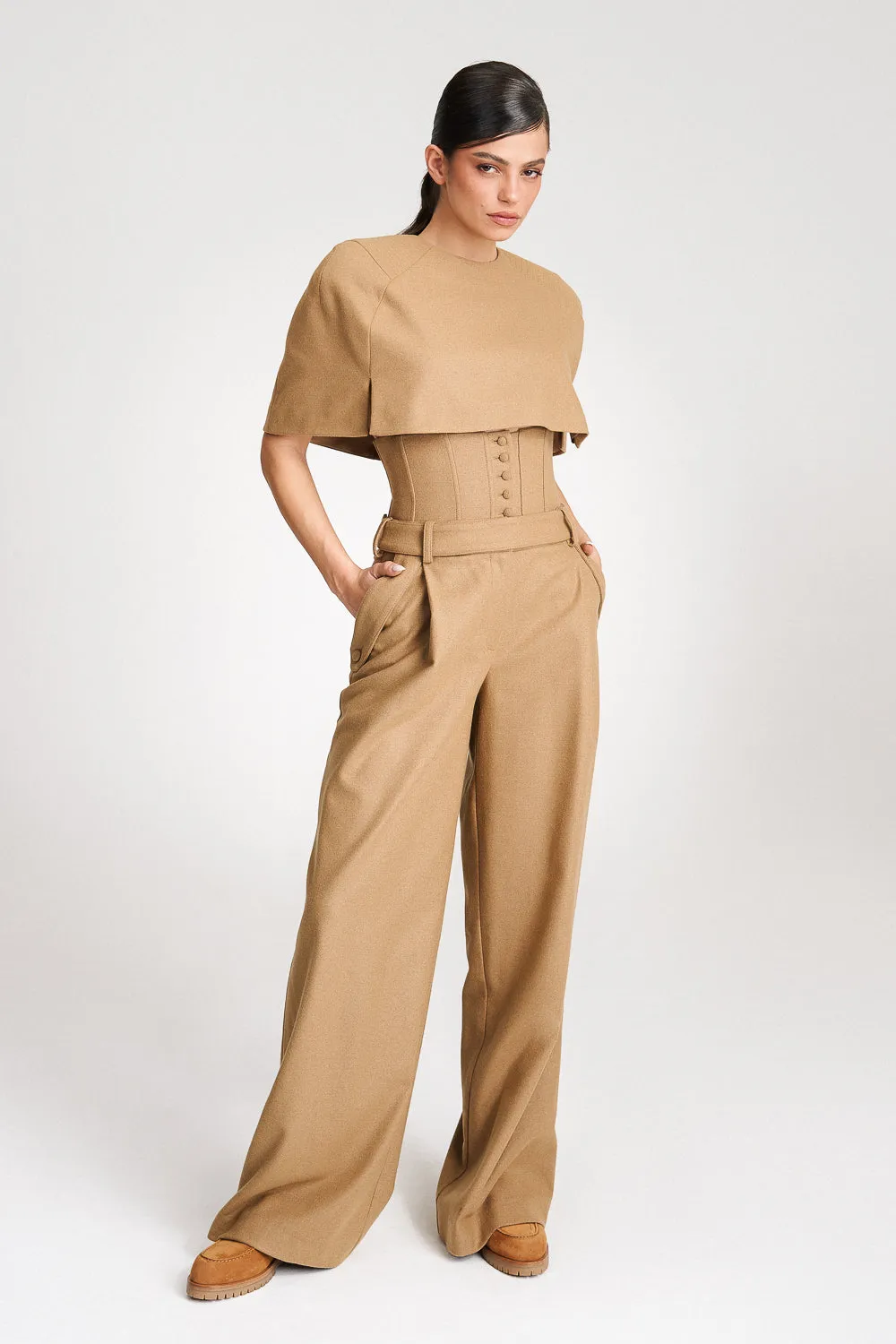 'Eleonore' Caramel Cape-Effect Wool Blouse