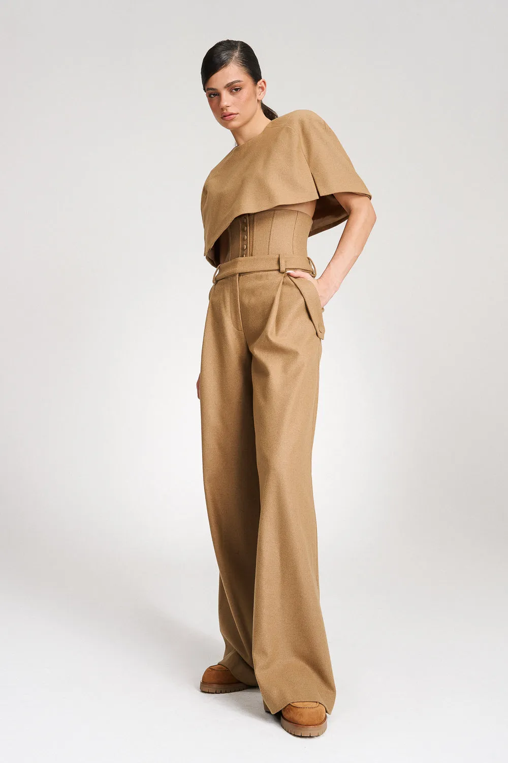 'Eleonore' Caramel Cape-Effect Wool Blouse