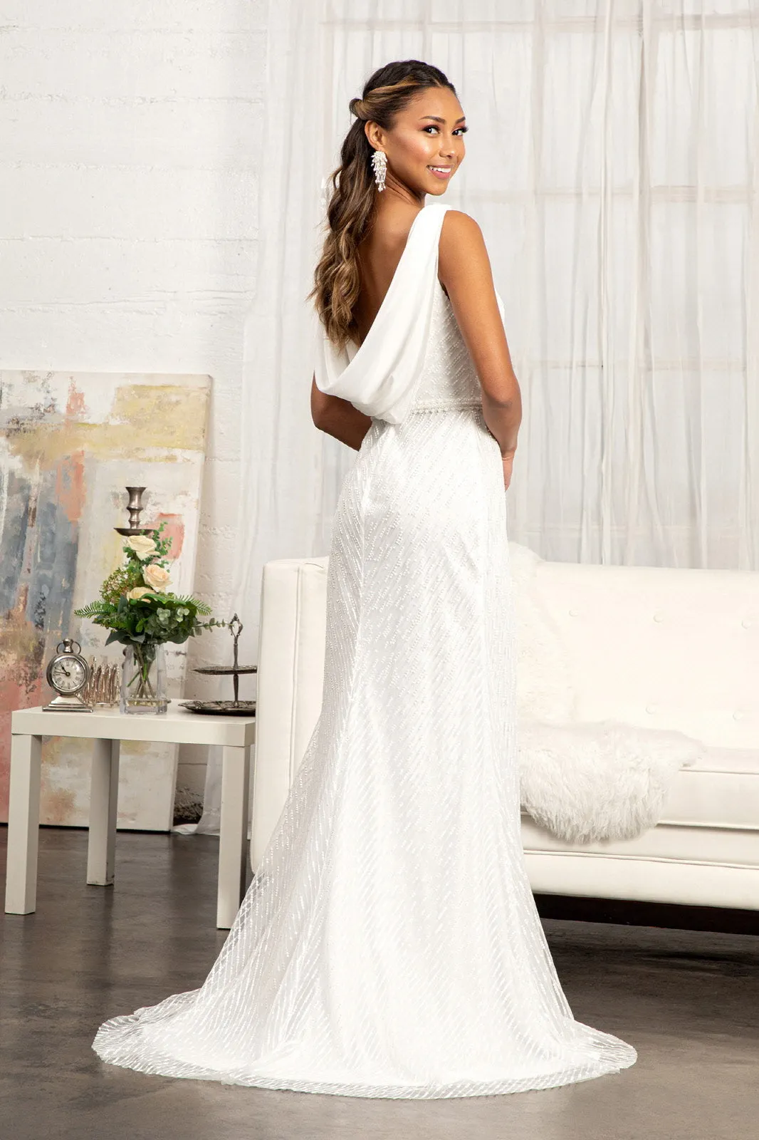 Embroidered Sequin Embellished Mesh Mermaid Dress Chiffon Drape Cape GLGL3008