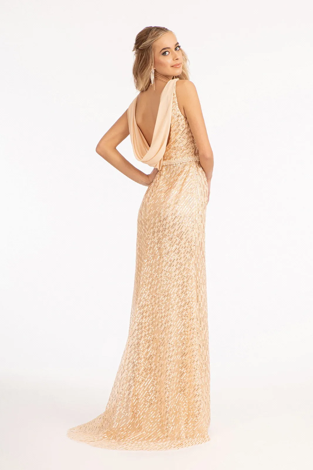 Embroidered Sequin Embellished Mesh Mermaid Dress Chiffon Drape Cape GLGL3008