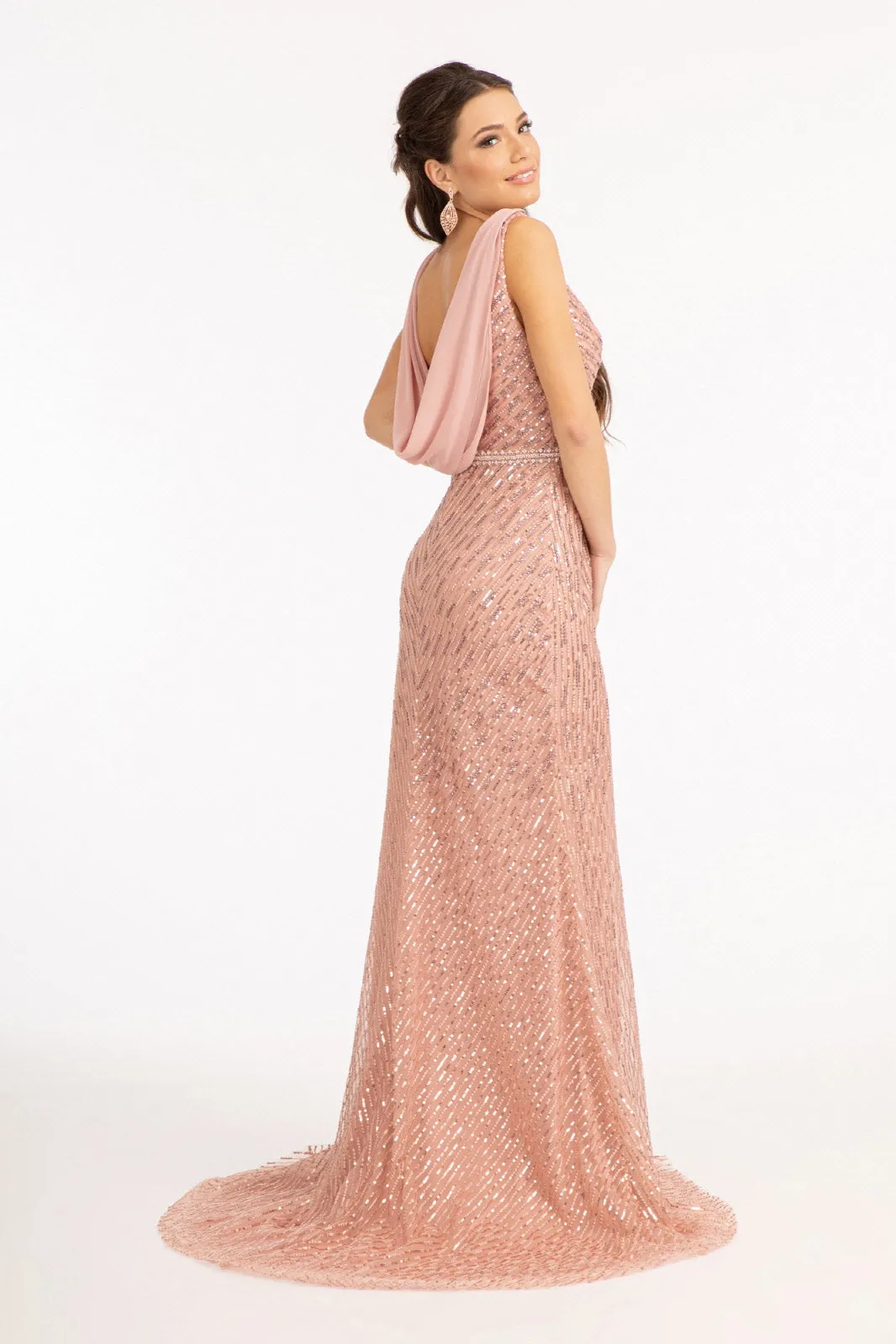 Embroidered Sequin Embellished Mesh Mermaid Dress Chiffon Drape Cape GLGL3008