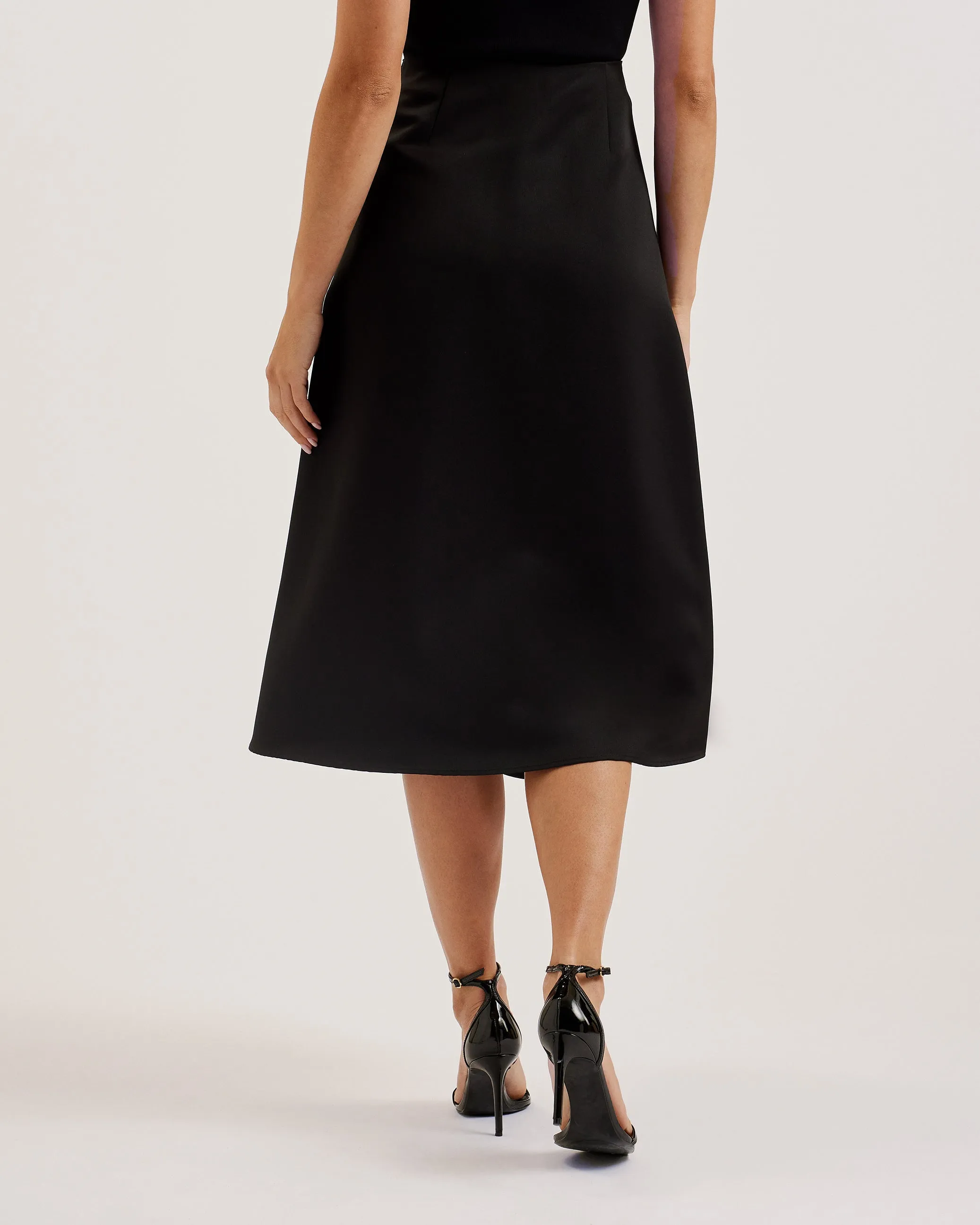 Erva Asymmetric Satin Wrap Midi Skirt Black