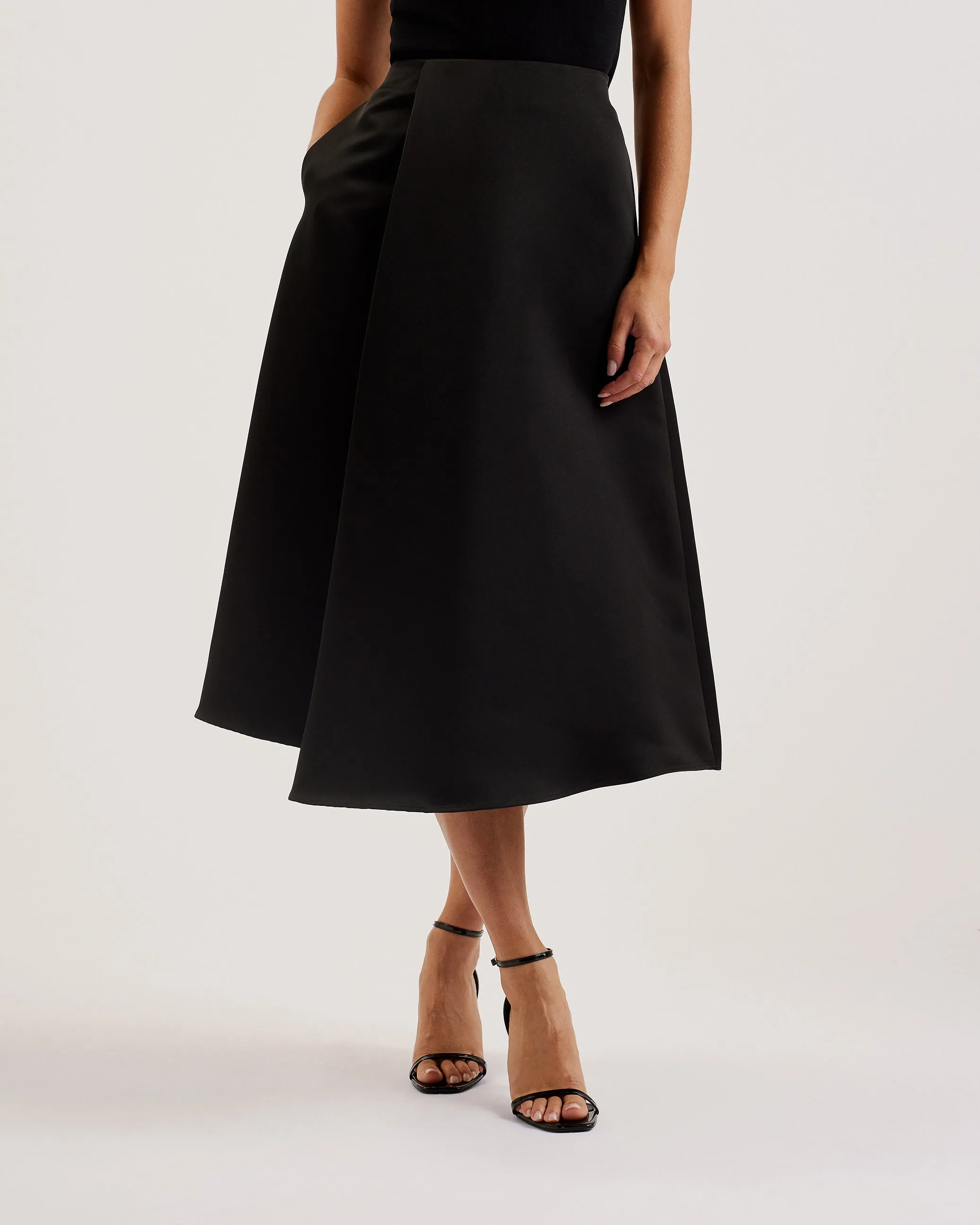 Erva Asymmetric Satin Wrap Midi Skirt Black