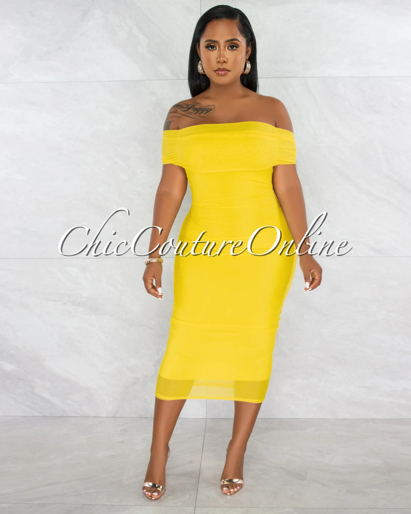 Ezer Yellow Mesh Overlay Ruched Off-The Shoulder Dress