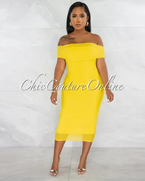 Ezer Yellow Mesh Overlay Ruched Off-The Shoulder Dress