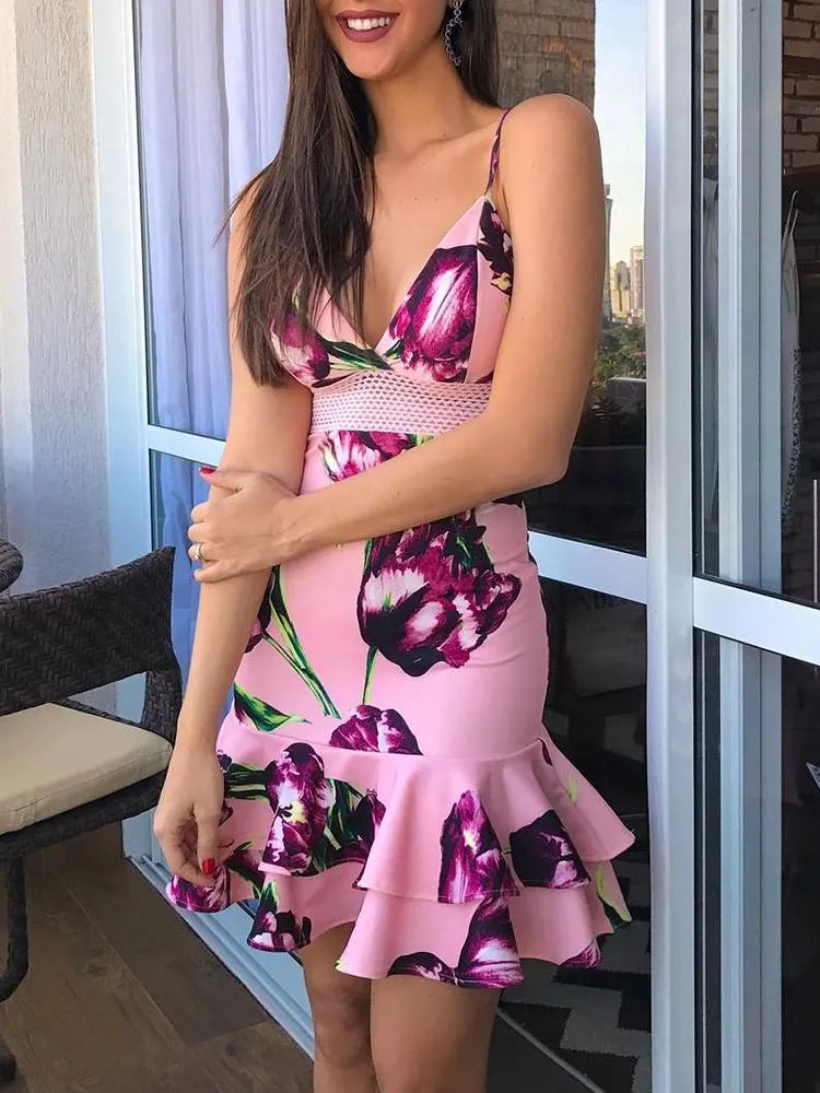 Floral Layered Ruffled Hem Mini Slip Dress