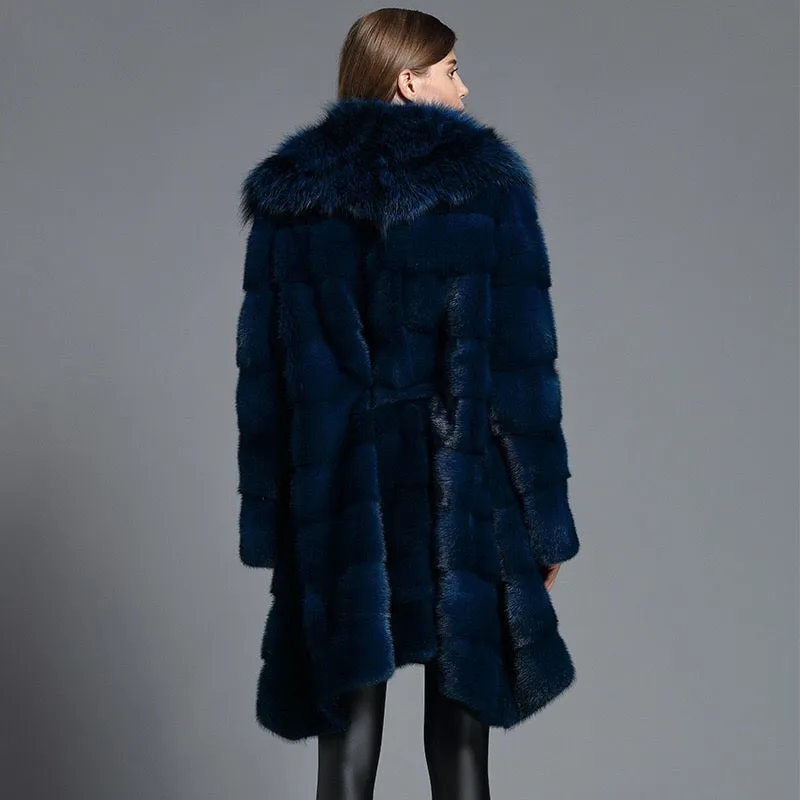 Genuine Mink  Fox Fur Collar Elegant Blue Fur Coat